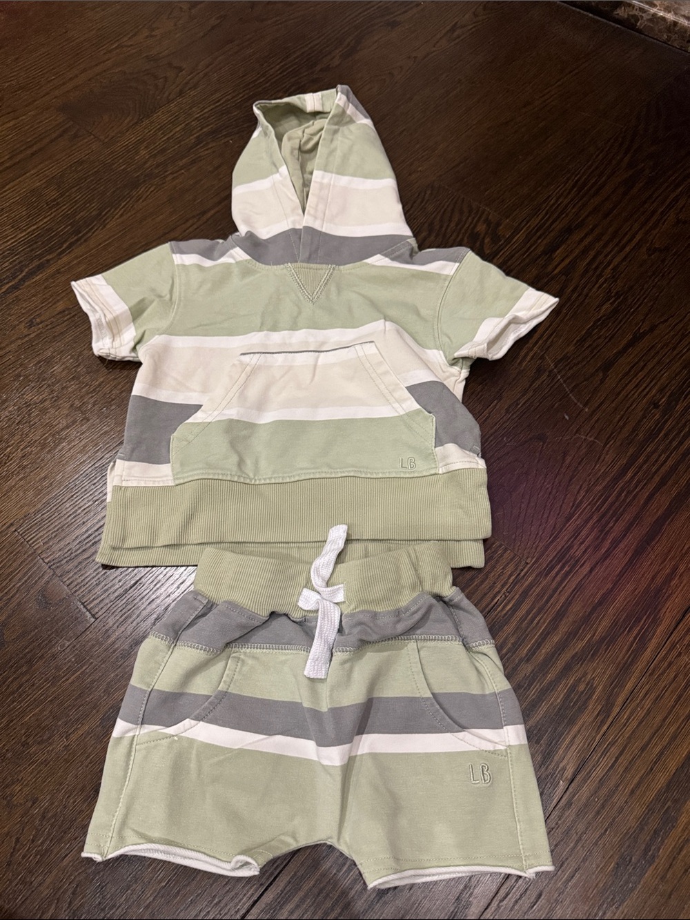 Little Bipsy Sage Green, Gray & Cream Striped Short Sleeve Hoodie Set